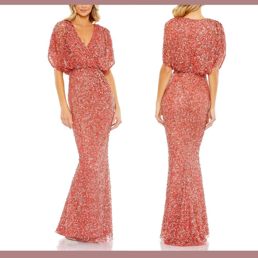 NWT Mac Duggal [ 4 ] 5640 Draped Sleeve V Neck Gown in Paprika Orange Red